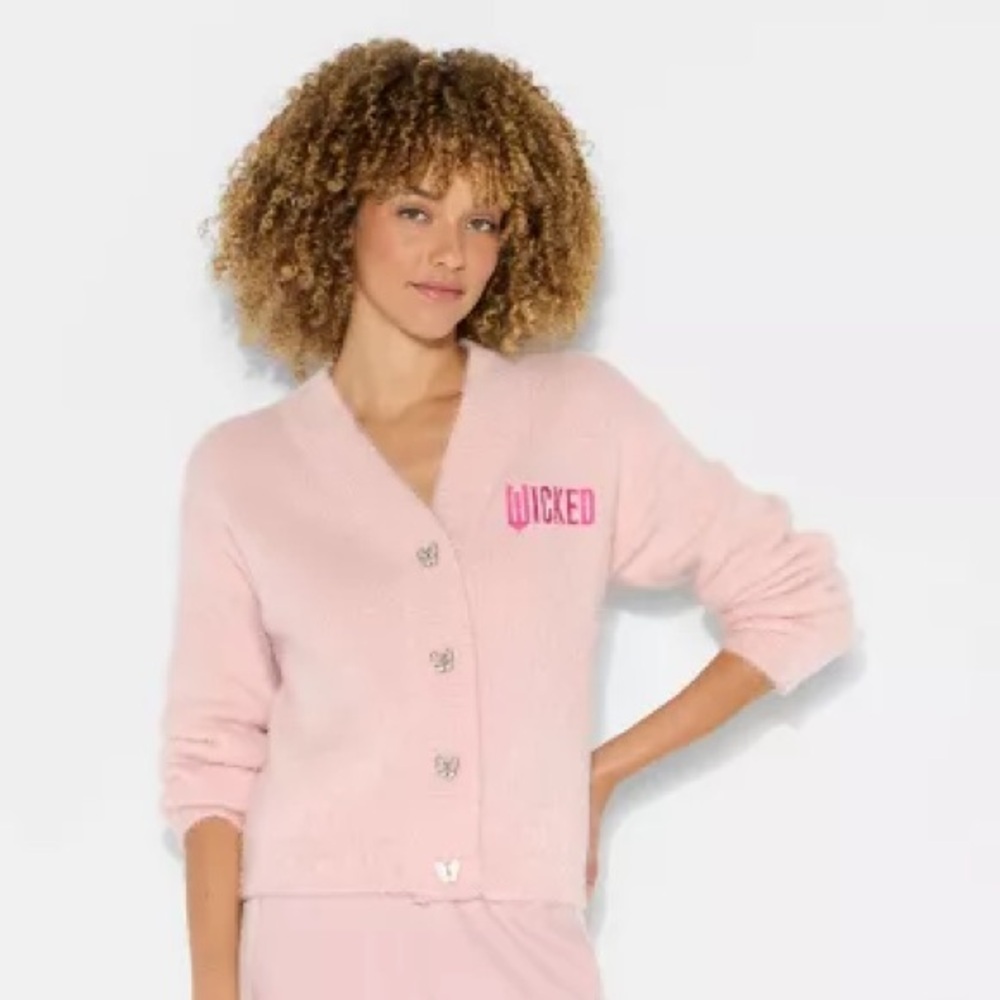 Wicked x Katie Kime Women's Logo Graphic Cardigan - Pink Wicked Movie sweater